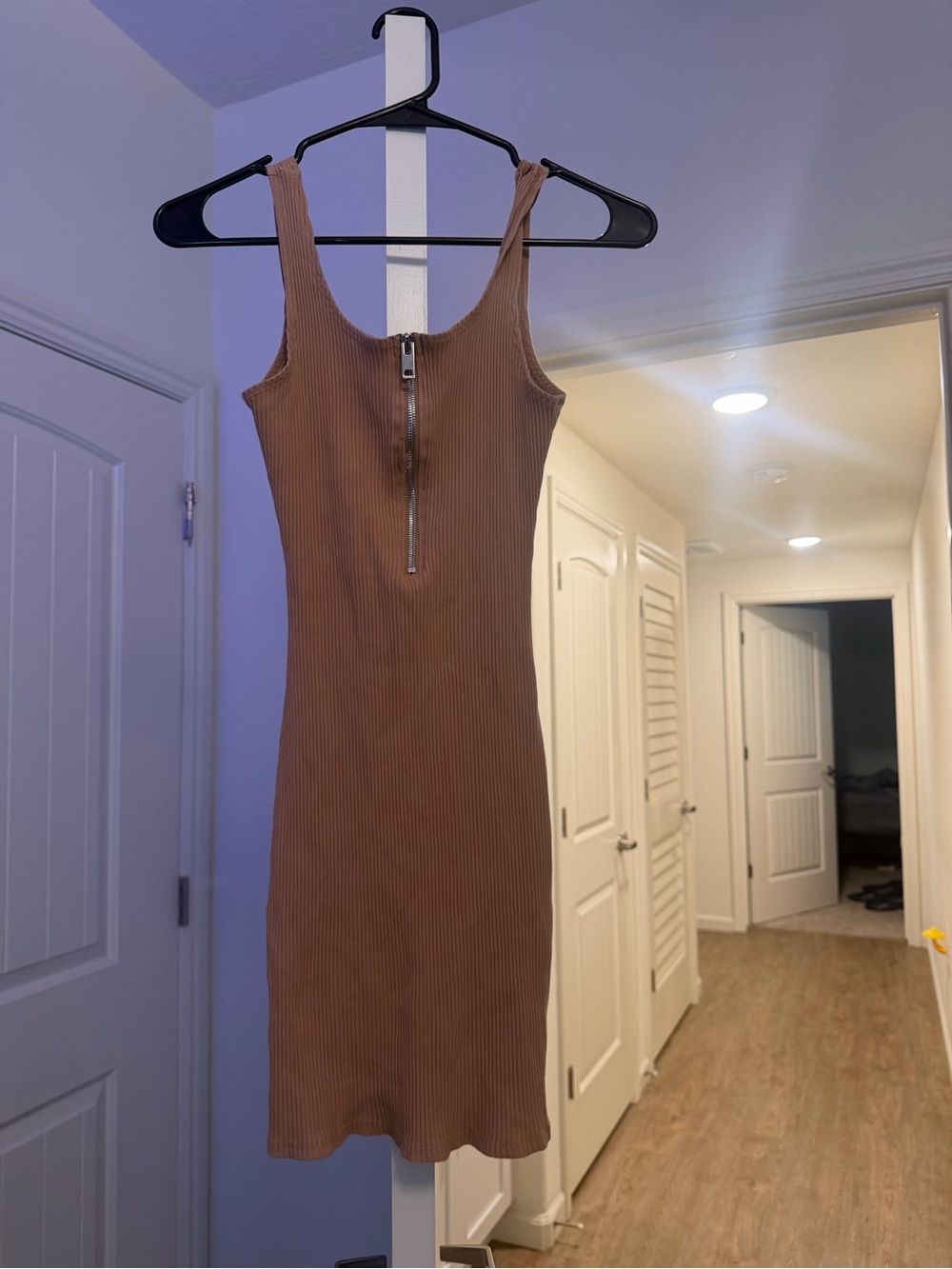 Ribbed Tank Midi Dress with Front Zip - Brown